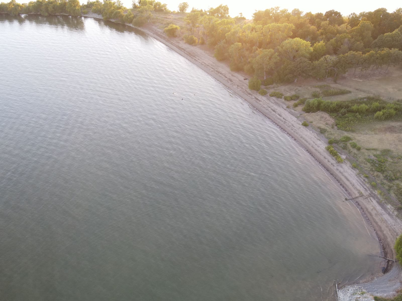 Aerial view of the bay where Station A watches the shoreline: the tree-lined beach curve at golden hour