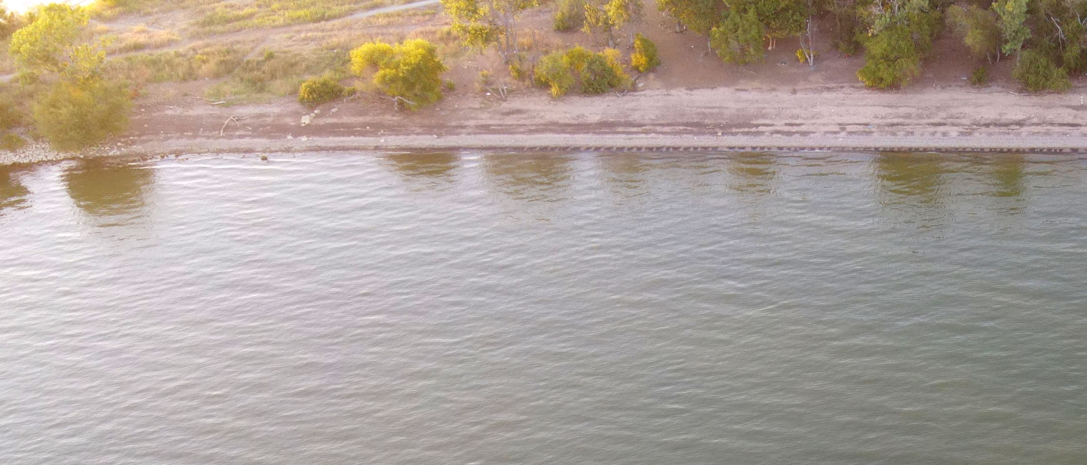 High-angle aerial of The Cut shoreline: grass and tree line, the beach band, and the riprap waterline running across the frame